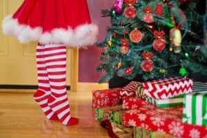 merry christmas, christmas tree, santa, woman, decoration, gifts, presents, gift boxes, socks, feet, girl, christmas, celebration, xmas, holiday, december, elf, santa